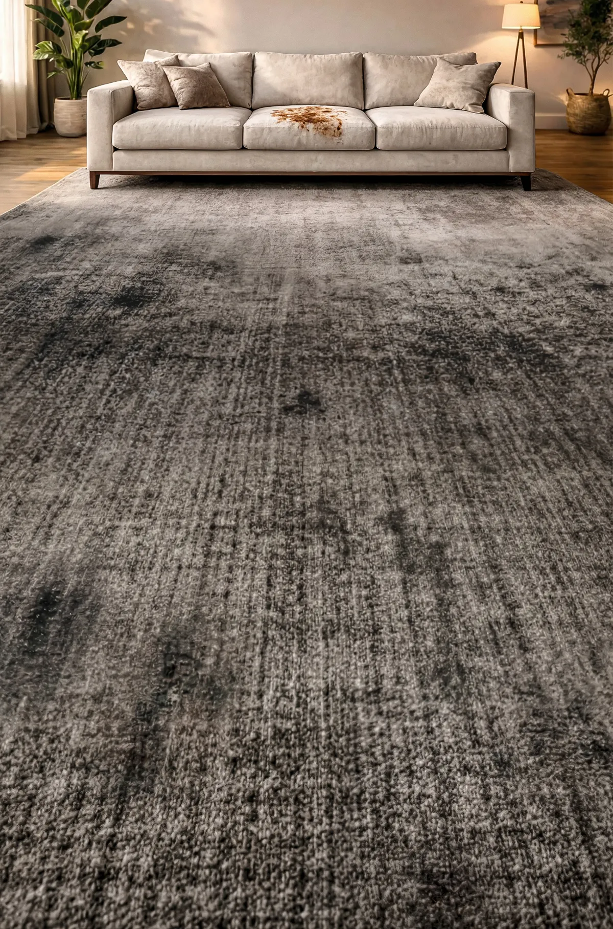 Stained fabric sofa before professional upholstery cleaning in Nashville, TN — VelvetFox Cleaning